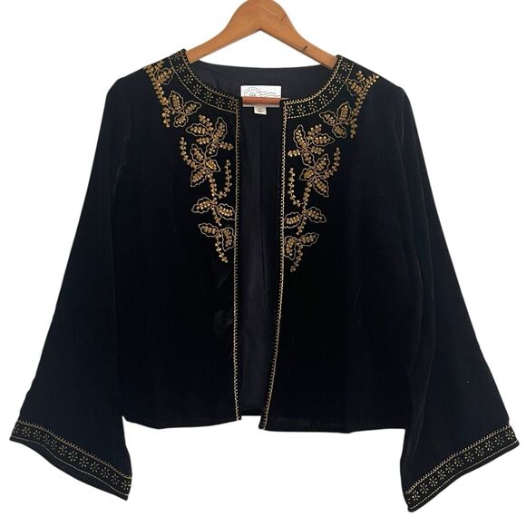 Velvet Floral Embroidered Crop Jacket XS Boxy Bell Sleeve Boho Hippie Holiday - Picture 1 of 10